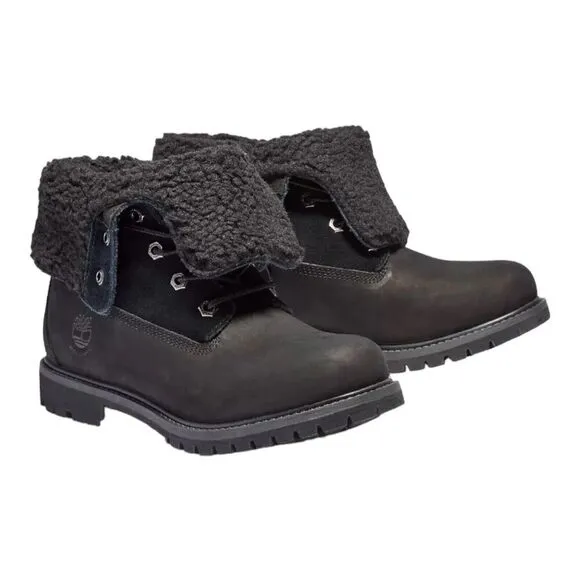 Timberland Boots Womens 6.5 Black Waterproof Roll Fold-Down Teddy Fleece 8149A