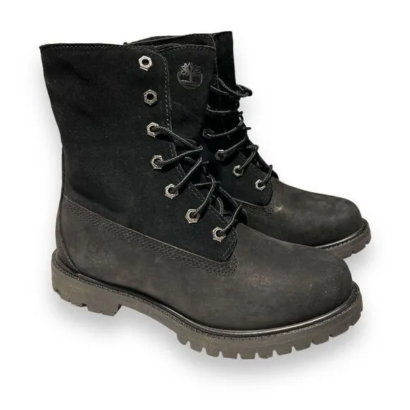 Timberland Boots Womens 6.5 Black Waterproof Roll Fold-Down Teddy Fleece 8149A