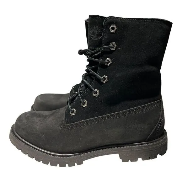 Timberland Boots Womens 6.5 Black Waterproof Roll Fold-Down Teddy Fleece 8149A