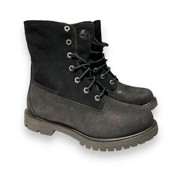 Timberland Boots Womens 6.5 Black Waterproof Roll Fold-Down Teddy Fleece 8149A