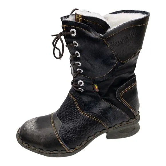TMA EYES Black Croc Embossed Leather Winter Combat Boots 9.5 Women's