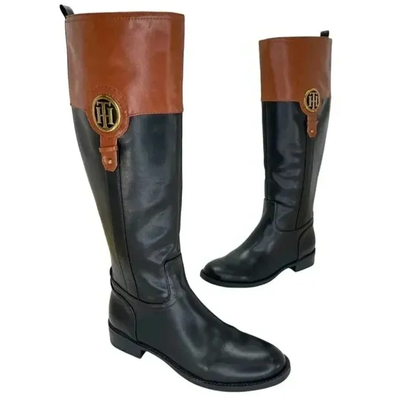 Tommy Hilfiger Ilia4 Black Tan Faux Leather Knee High Womens Boots Size 5M