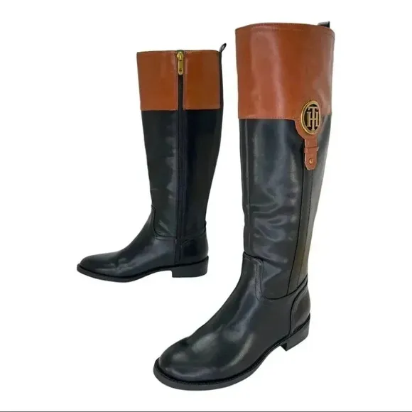 Tommy Hilfiger Ilia4 Black Tan Faux Leather Knee High Womens Boots Size 5M