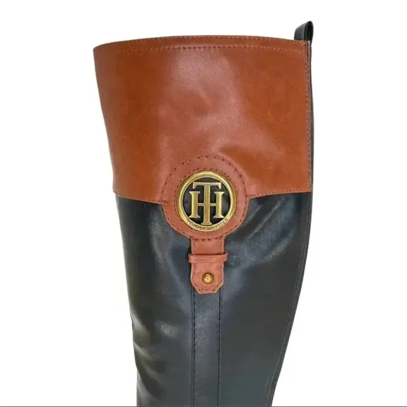 Tommy Hilfiger Ilia4 Black Tan Faux Leather Knee High Womens Boots Size 5M