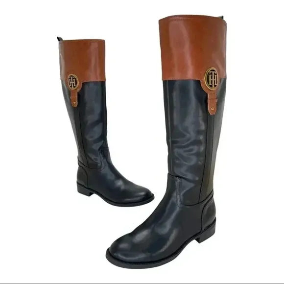Tommy Hilfiger Ilia4 Black Tan Faux Leather Knee High Womens Boots Size 5M