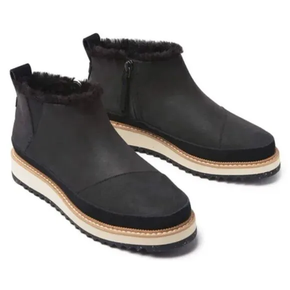 TOMS Booties Size 6 Black Water Resistant Faux Fur Winter Boots NEW