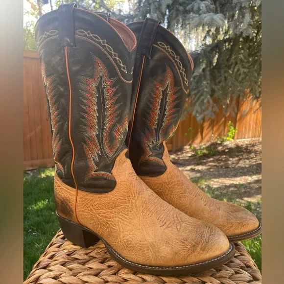 Tony Lama 6184C Two Tone Black &amp; Tan Leather Western Cowboy Boots. Men's Size 10