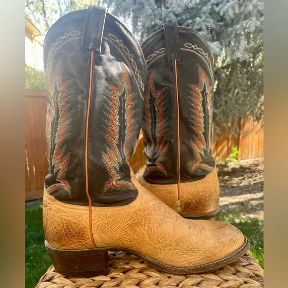 Tony Lama 6184C Two Tone Black &amp; Tan Leather Western Cowboy Boots. Men's Size 10