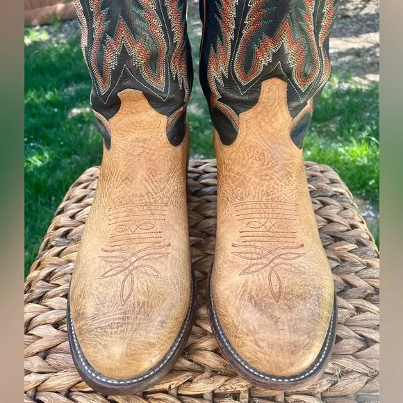Tony Lama 6184C Two Tone Black &amp; Tan Leather Western Cowboy Boots. Men's Size 10