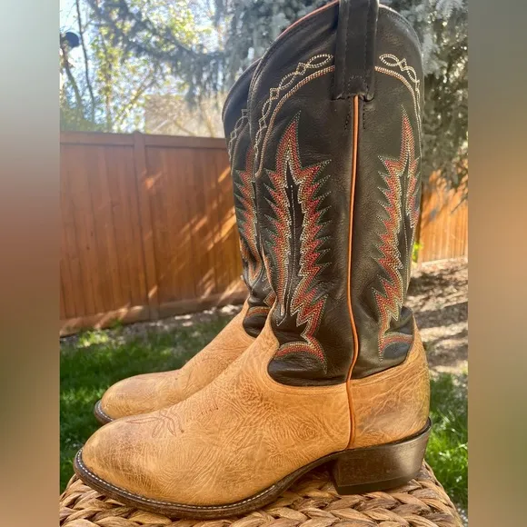 Tony Lama 6184C Two Tone Black &amp; Tan Leather Western Cowboy Boots. Men's Size 10