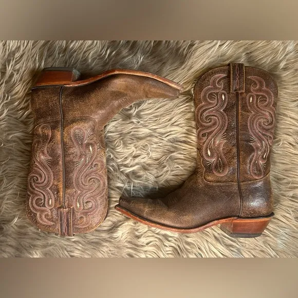 Tony Lama Western Boot Golden Tan Navajo Leather with Narrow Square Toe