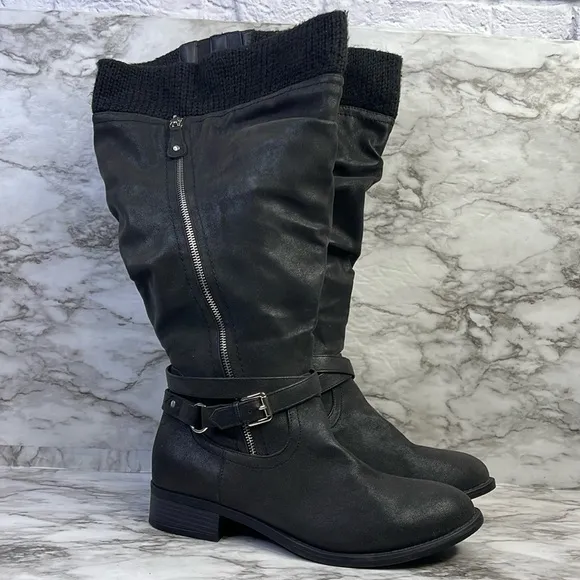 Torrid Sweater Black faux leather under knee tall boots size 12W
