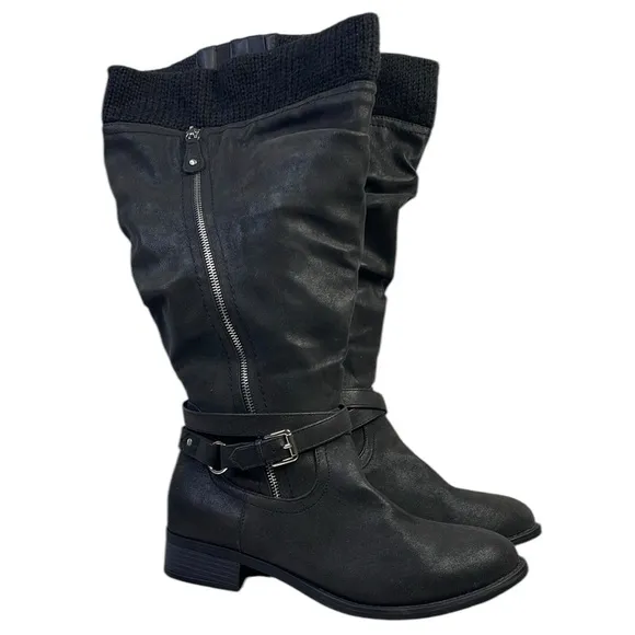 Torrid Sweater Black faux leather under knee tall boots size 12W