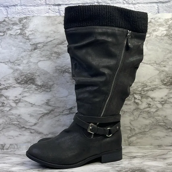 Torrid Sweater Black faux leather under knee tall boots size 12W