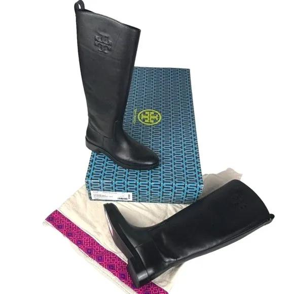 TORY BURCH 141232 MILANO LEATHER EMBOSSED BLACK EQUESTRIAN STYLE RIDING BOOTS