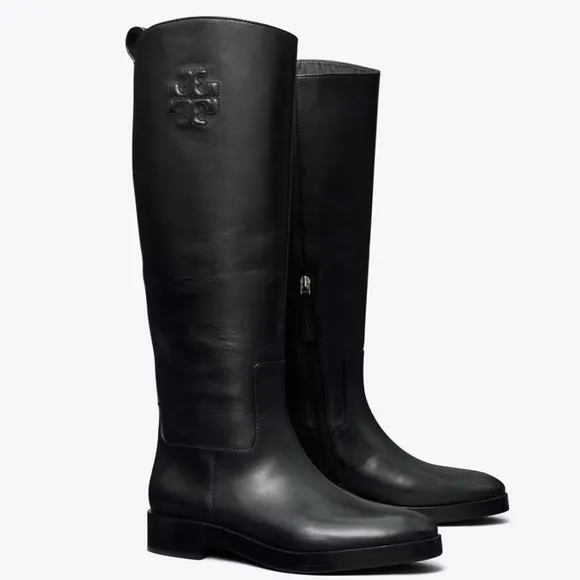 TORY BURCH 141232 MILANO LEATHER EMBOSSED BLACK EQUESTRIAN STYLE RIDING BOOTS