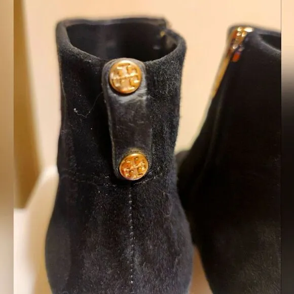 Tory Burch Black &quot;Luxe&quot; Suede Round Toe Stiletto Zip Ankle Boots Sz.8 Ret.$450