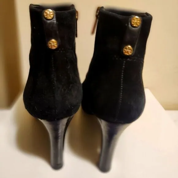 Tory Burch Black &quot;Luxe&quot; Suede Round Toe Stiletto Zip Ankle Boots Sz.8 Ret.$450