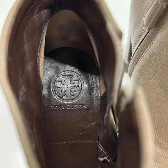Tory Burch Bowie Heeled Leather Ankle Boots Taupe Brown Size 6.5
