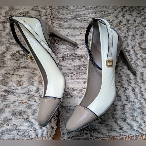 Tory Burch • Cap Toe Color Block Patent Leather Heels in Banana Cream READ