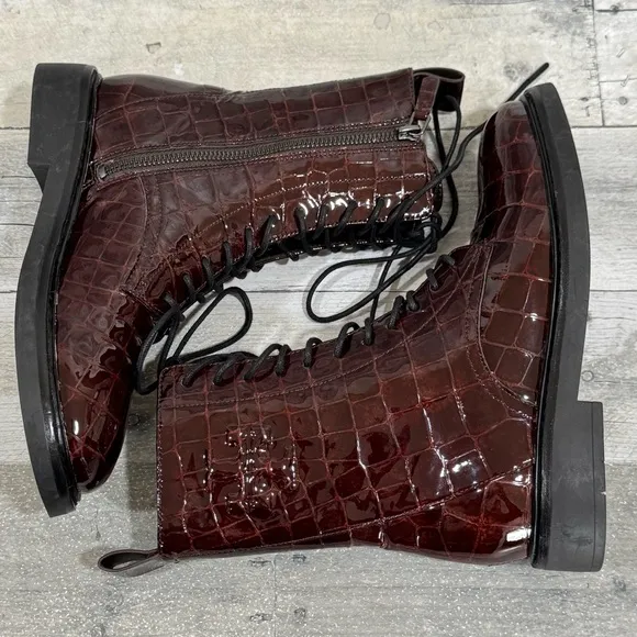 TORY BURCH Double T Leather Combat Boots - Brown Croc - Sz - 5 Women’s