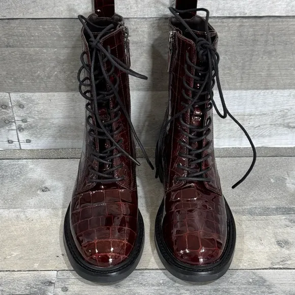 TORY BURCH Double T Leather Combat Boots - Brown Croc - Sz - 5 Women’s