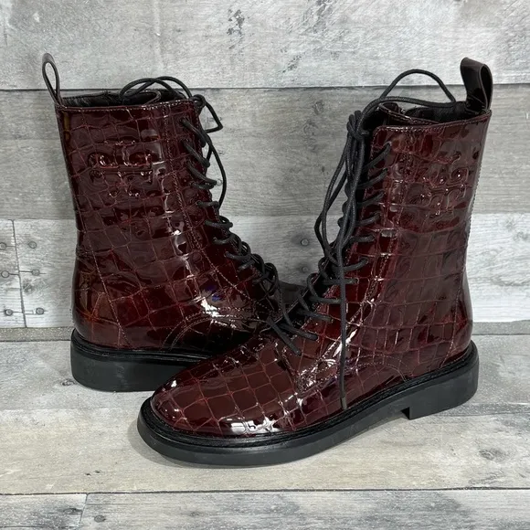 TORY BURCH Double T Leather Combat Boots - Brown Croc - Sz - 5 Women’s