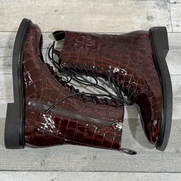 TORY BURCH Double T Leather Combat Boots - Brown Croc - Sz - 5 Women’s