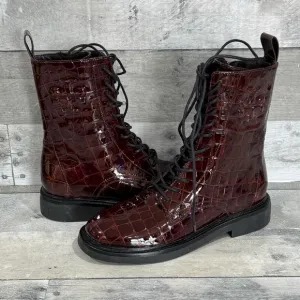 TORY BURCH Double T Leather Combat Boots - Brown Croc - Sz - 5 Women’s