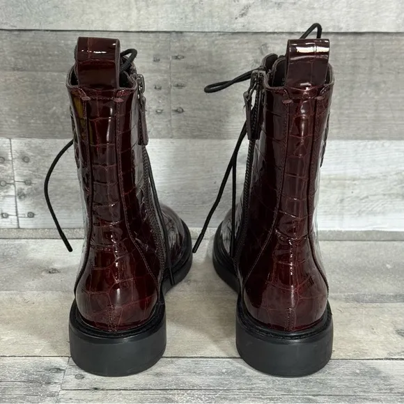 TORY BURCH Double T Leather Combat Boots - Brown Croc - Sz - 5 Women’s