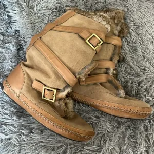 Tory Burch fur moccasin boots 9 tan suede leather straps genuine rabbit WOW 🐇