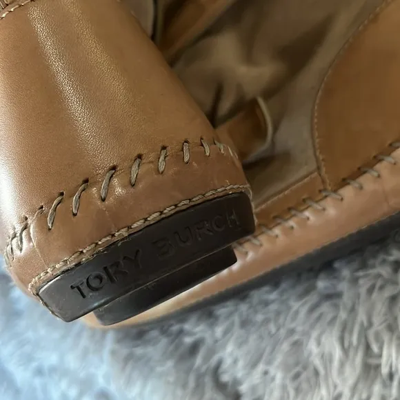 Tory Burch fur moccasin boots 9 tan suede leather straps genuine rabbit WOW 🐇
