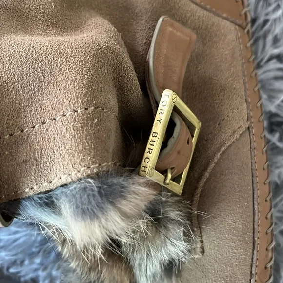 Tory Burch fur moccasin boots 9 tan suede leather straps genuine rabbit WOW 🐇