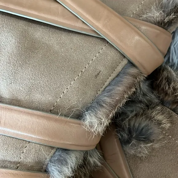 Tory Burch fur moccasin boots 9 tan suede leather straps genuine rabbit WOW 🐇