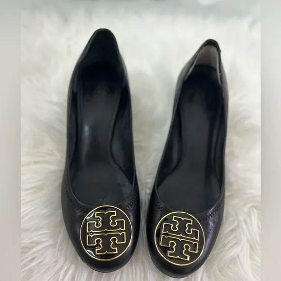 Tory Burch Reva black and gold leather high heels