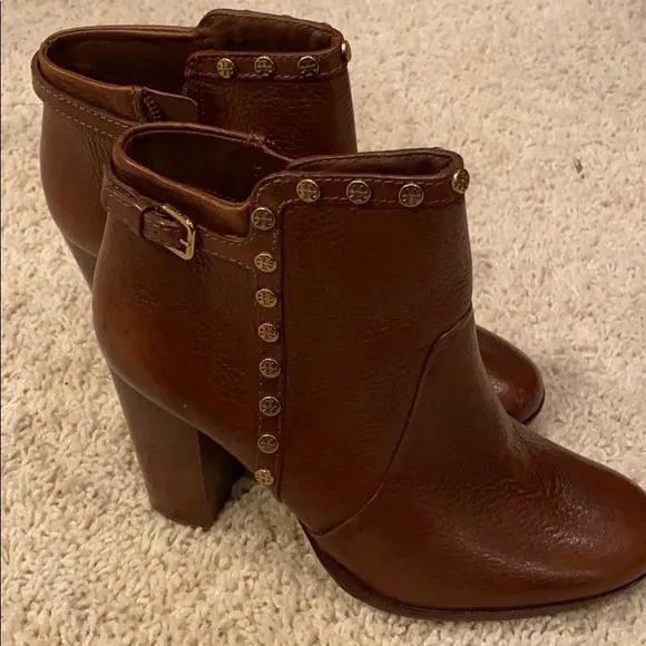 TORY BURCH signature studded stacked heel booties