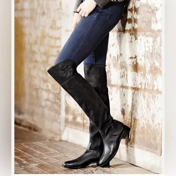 Tory Burch Simone Leather Black Boots 9 Equestrian Over The Knee Riding Boots