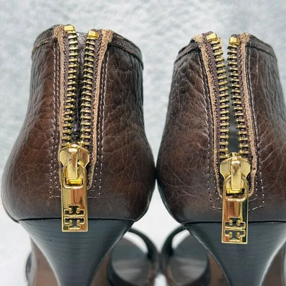 Tory Burch Torben Womens Size 9 Heels Shoes Brown Leather T-Strap Peep Toe Zip