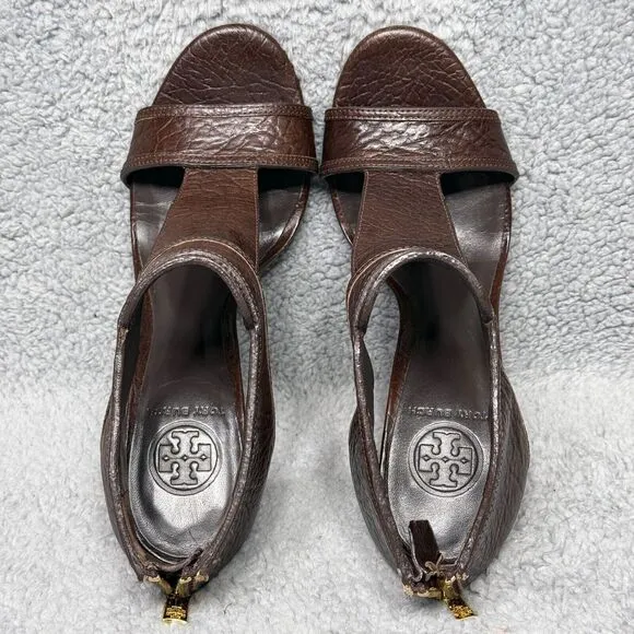 Tory Burch Torben Womens Size 9 Heels Shoes Brown Leather T-Strap Peep Toe Zip