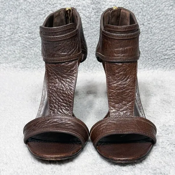 Tory Burch Torben Womens Size 9 Heels Shoes Brown Leather T-Strap Peep Toe Zip