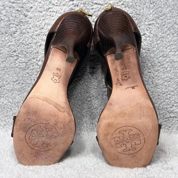 Tory Burch Torben Womens Size 9 Heels Shoes Brown Leather T-Strap Peep Toe Zip