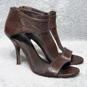 Tory Burch Torben Womens Size 9 Heels Shoes Brown Leather T-Strap Peep Toe Zip
