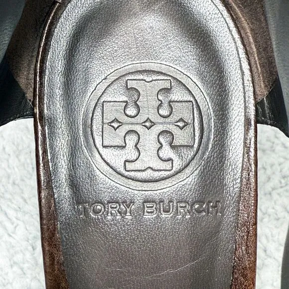 Tory Burch Torben Womens Size 9 Heels Shoes Brown Leather T-Strap Peep Toe Zip