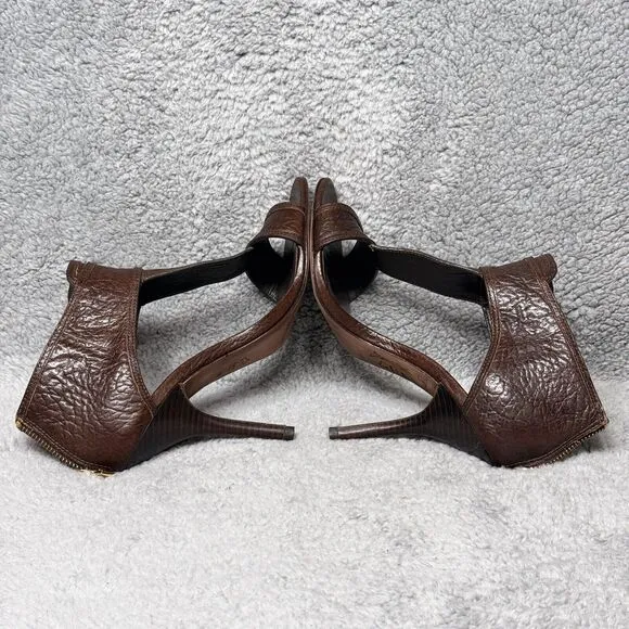 Tory Burch Torben Womens Size 9 Heels Shoes Brown Leather T-Strap Peep Toe Zip