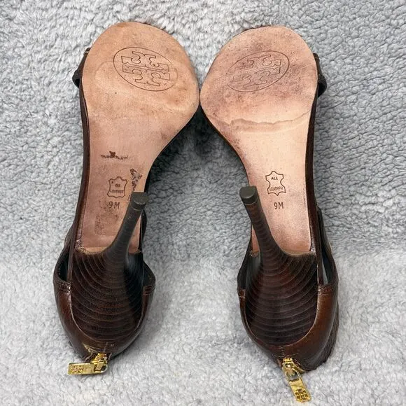 Tory Burch Torben Womens Size 9 Heels Shoes Brown Leather T-Strap Peep Toe Zip
