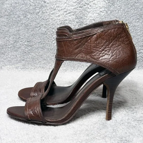 Tory Burch Torben Womens Size 9 Heels Shoes Brown Leather T-Strap Peep Toe Zip