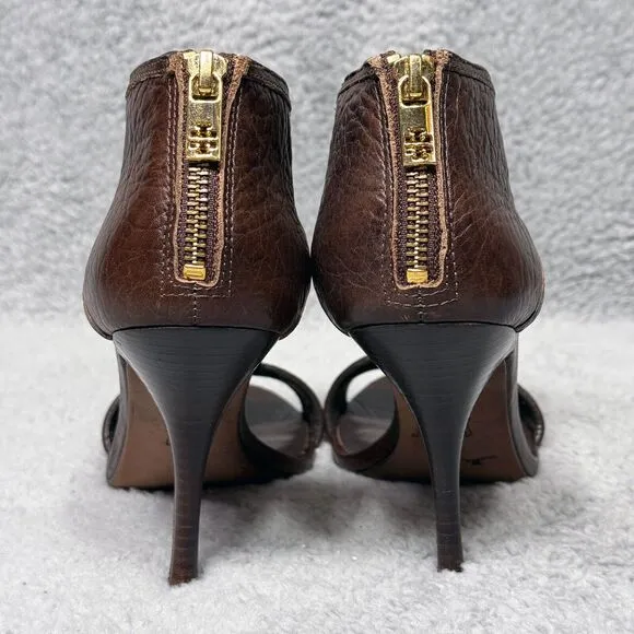 Tory Burch Torben Womens Size 9 Heels Shoes Brown Leather T-Strap Peep Toe Zip