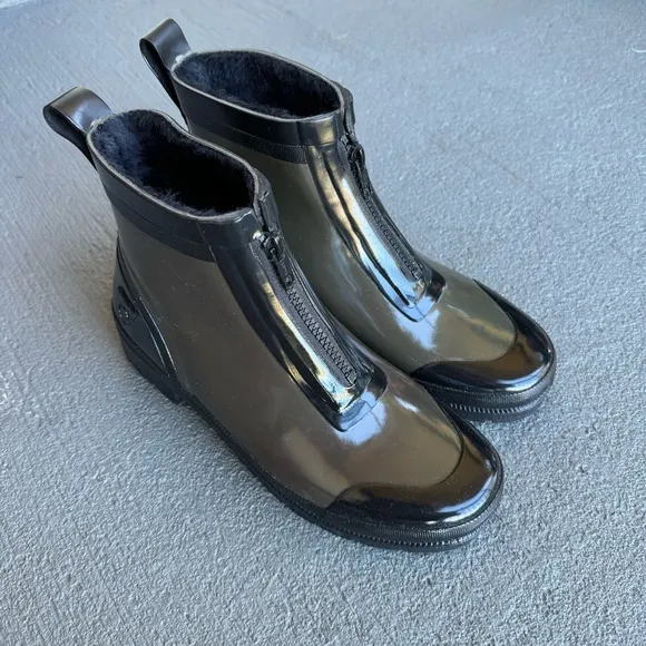 TRETORN Lina Zip Faux Fur Lined Ankle Rubber Boots Rain Olive Green Black