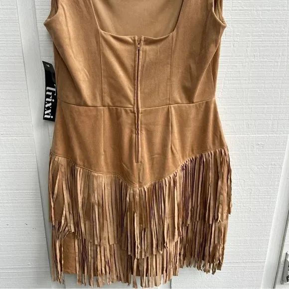 Trixxi Women’s Faux Suede Fringe Country Western Lined Square Neck Mini Dress L