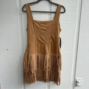 Trixxi Women’s Faux Suede Fringe Country Western Lined Square Neck Mini Dress L